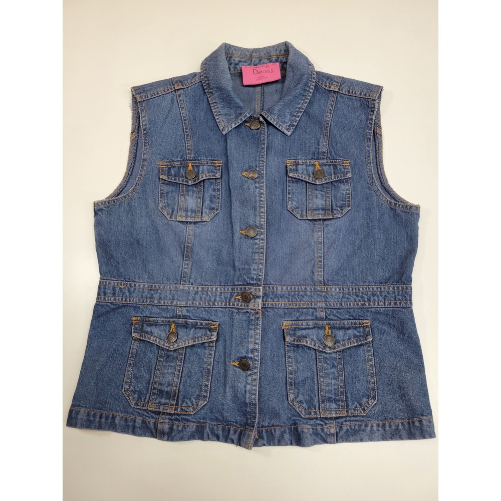 Carols Denims Womens Denim Vest Medium Blue 100% Cotton Button Front Utility